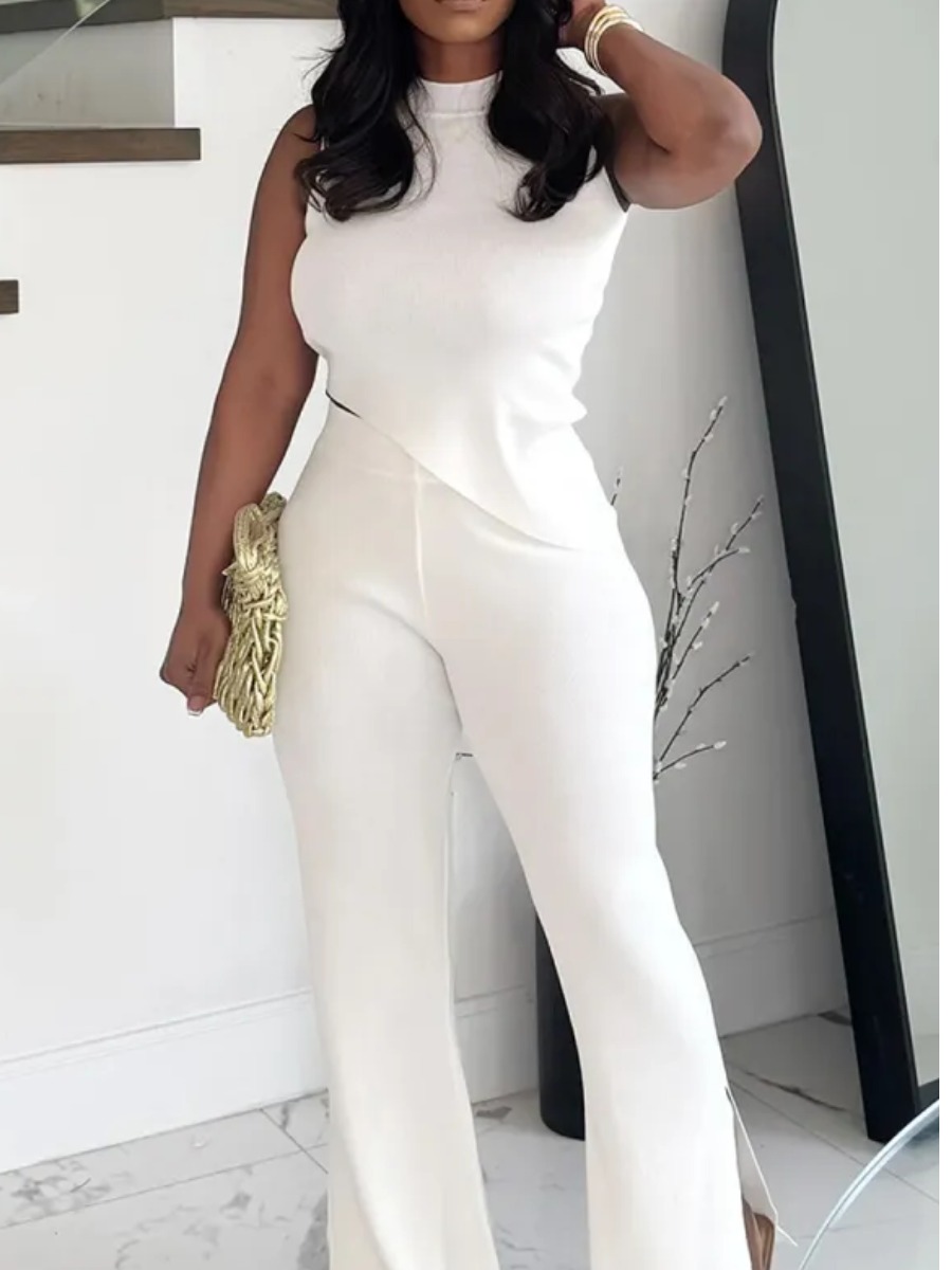 LW Casual Polyester Mock Neck Asymmetrical Solid Color Sleeveless Two-piece Pants Set