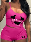 LW Casual Polyester U Neck Pattern Letter Sleeveless Two-piece Shorts Set