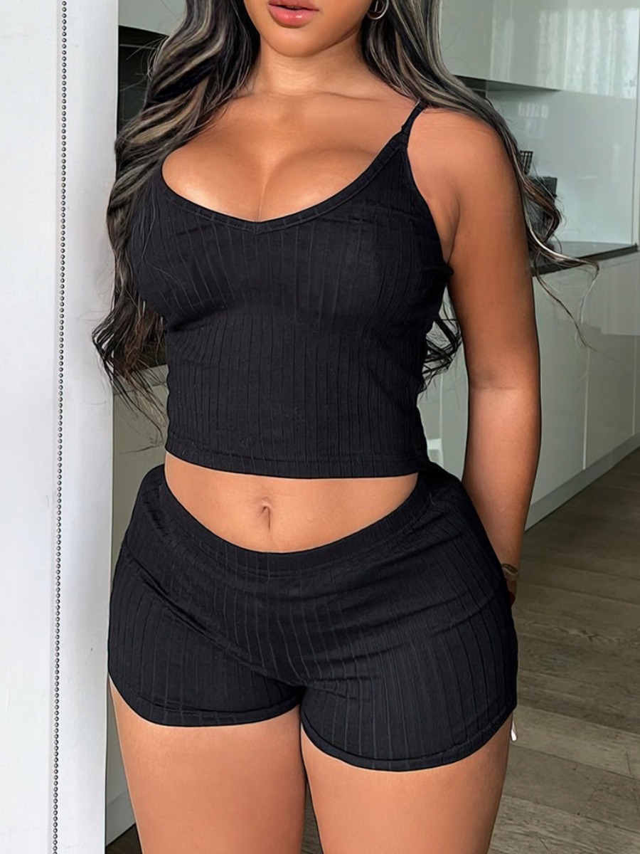 LW BASICS Casual Polyester U Neck Solid Color Sleeveless Two-piece Shorts Set