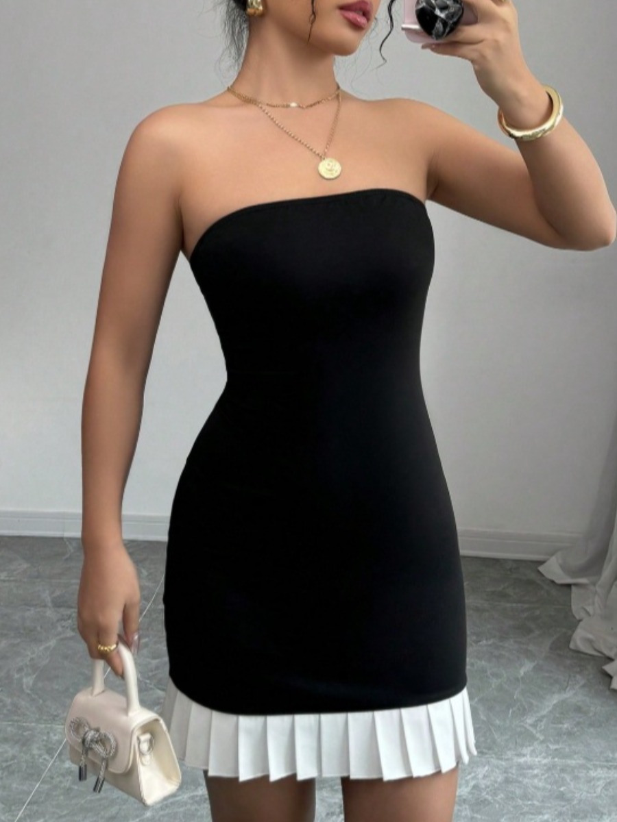 LW Patchwork Pressed Pleat Color Contrast Mini Dress
