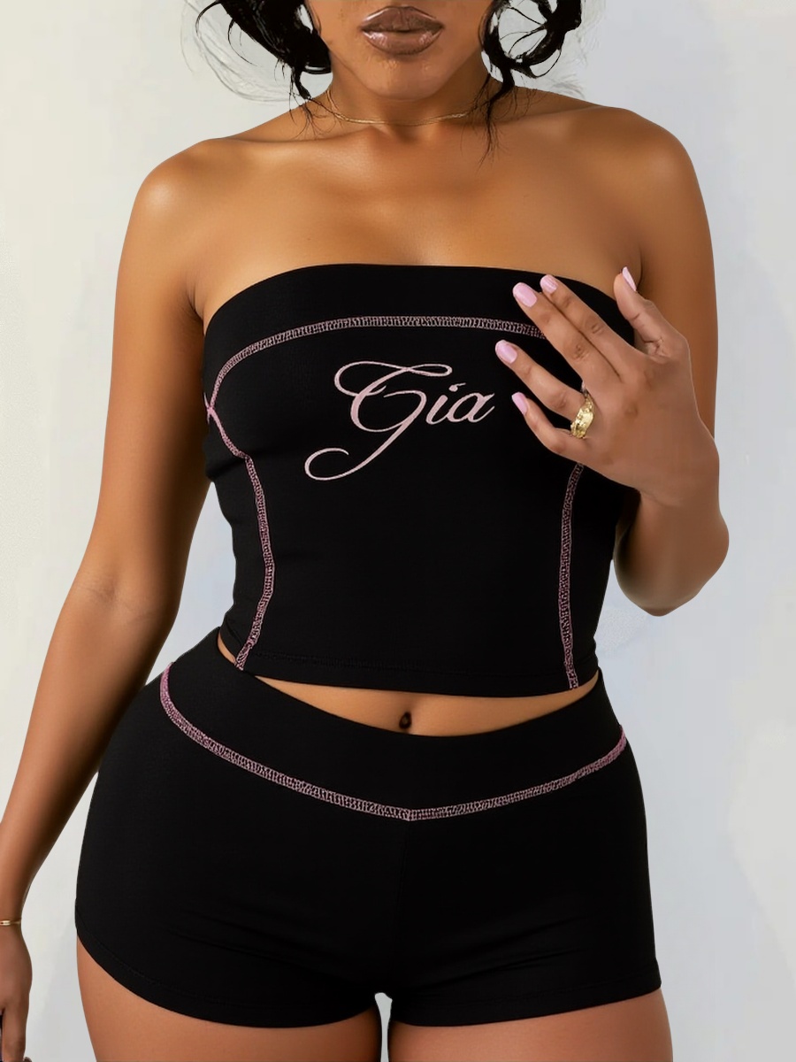 LW Casual Polyester Strapless Letter Print Positioning Sleeveless Two-piece Shorts Set