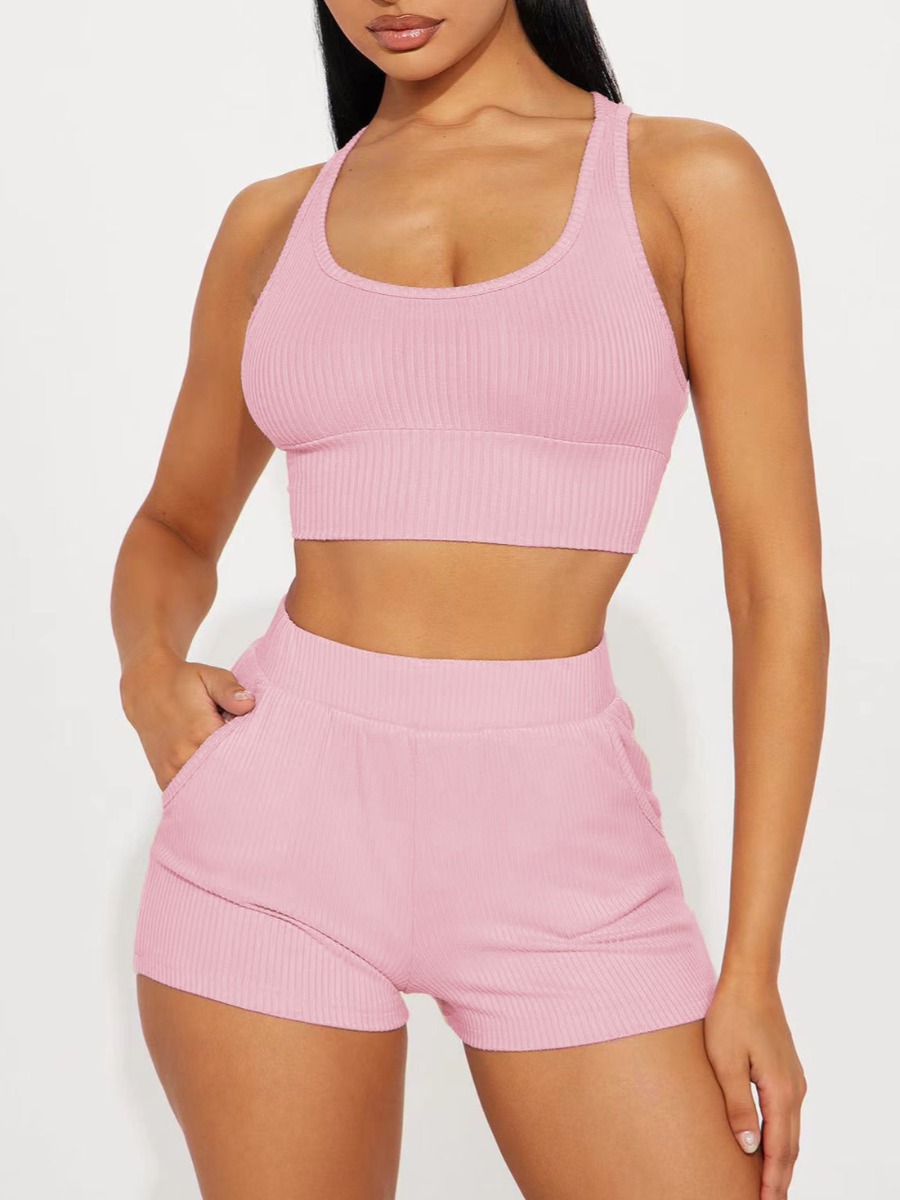 LW BASICS Casual Polyester U Neck Solid Color Sleeveless Two-piece Shorts Set