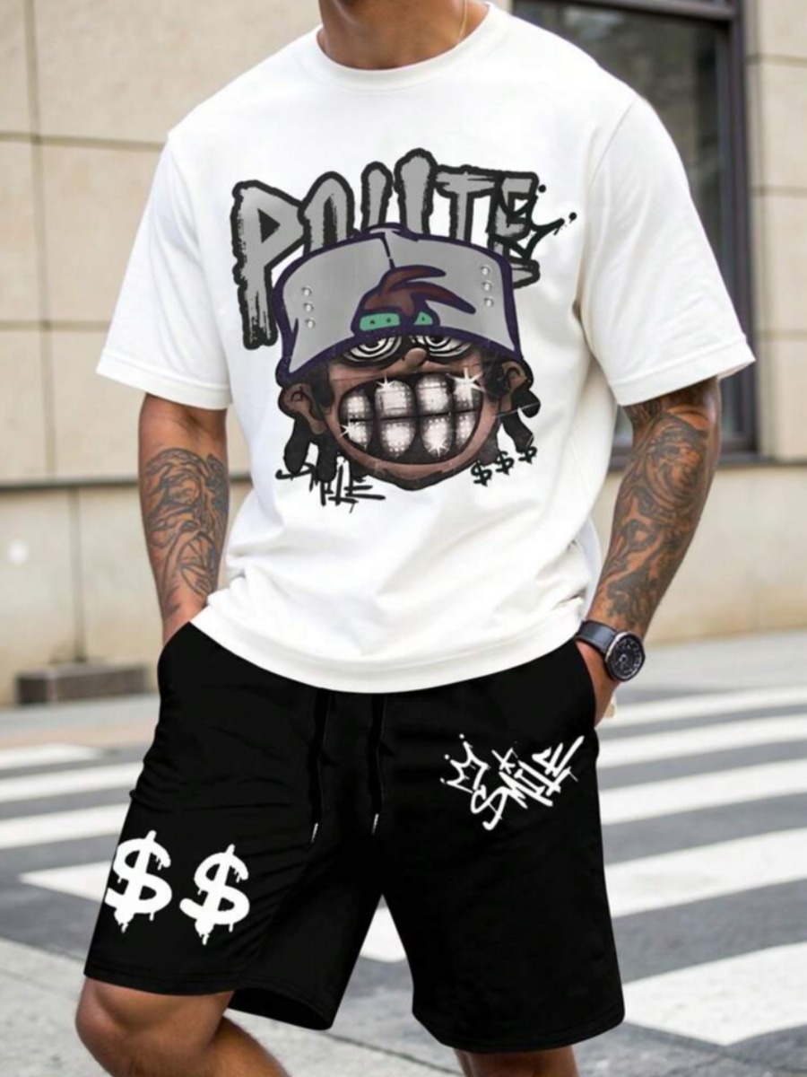 LW Men Pattern Cartoon Print Two-piece Shorts Set