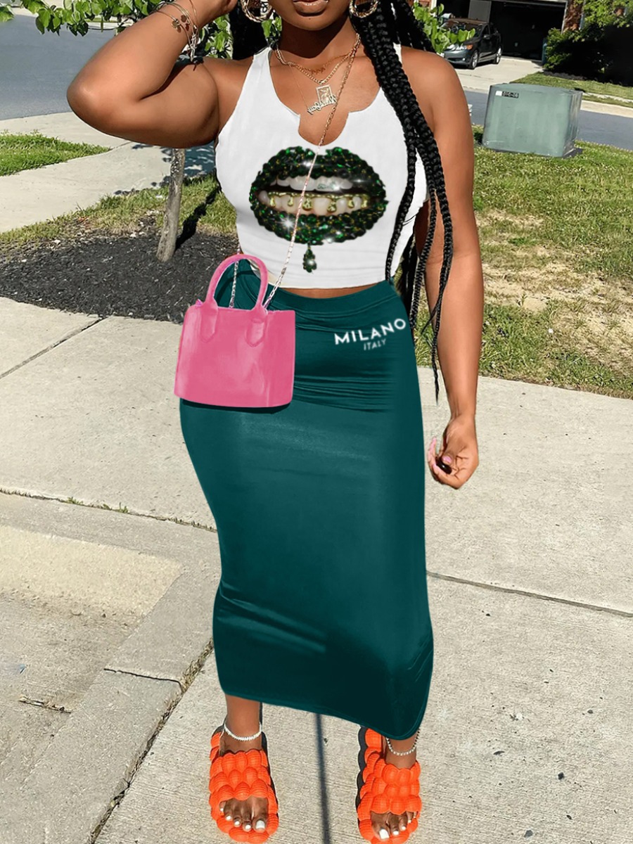LW Street Polyester U Neck Pattern Lip Print Sleev