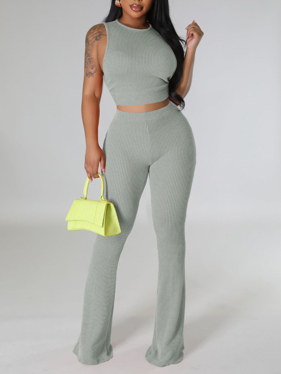 LW BASICS Casual Polyester Round Neck Solid Color Sleeveless Two-piece Pants Set