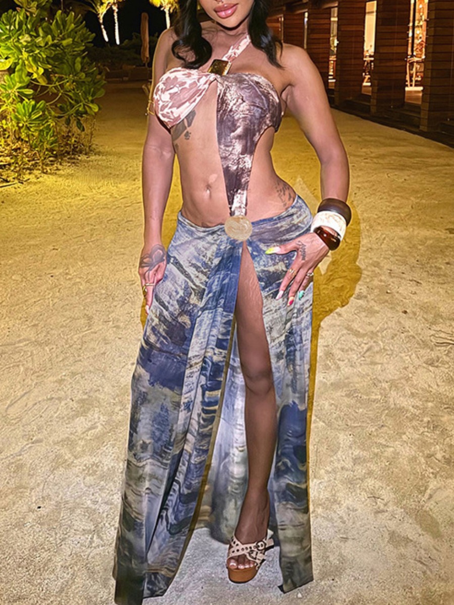 LW Asymmetrical Mixed Print Maxi Dress