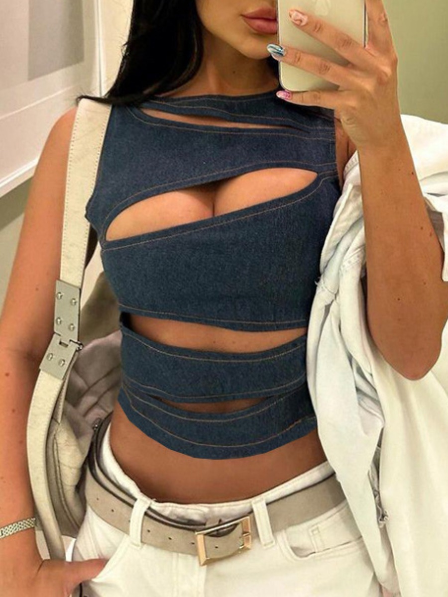 LW Round Neck Cut Out Solid Color Micro Elasticity Denim Tops
