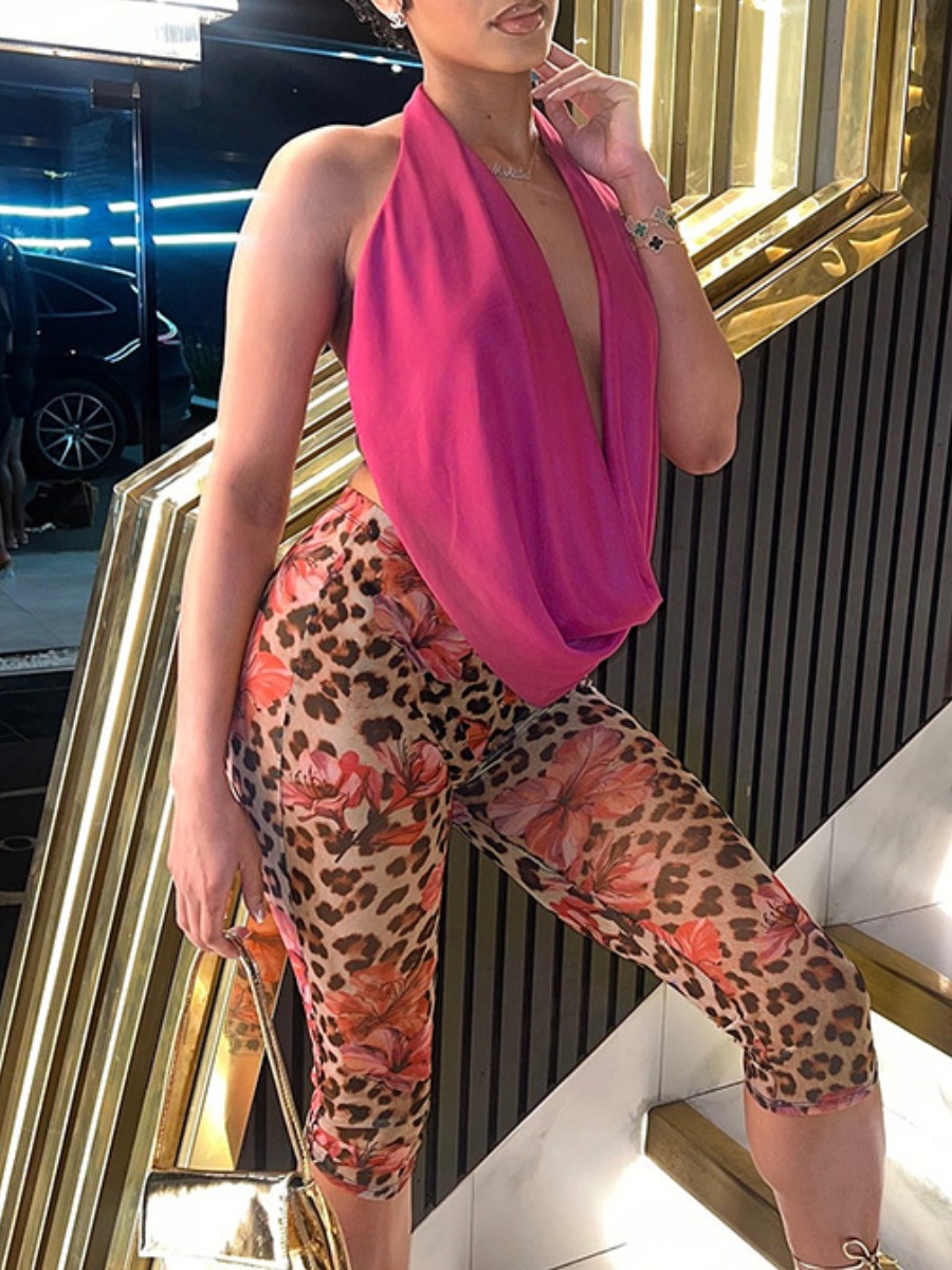 LW Casual Polyester Surplice Neck Vests Leopard Print Sleeveless Two-piece Pants Set