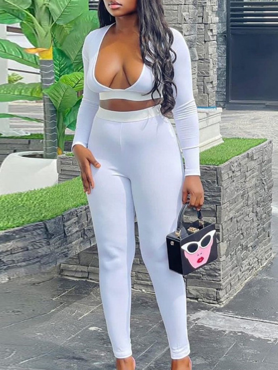 LW BASICS Casual Polyester V Neck Solid Color Long Sleeve Two-piece Pants Set
