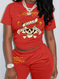 LW Street Polyester Round Neck Skull Letter Mixed Print Short Sleeve Two-piece Shorts Set
