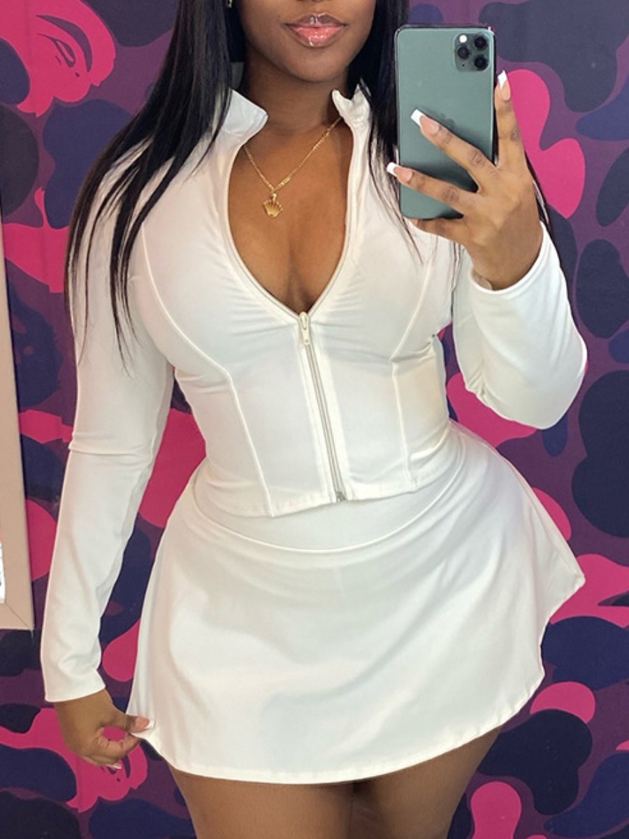 LW BASICS Casual Polyester Round Neck Zipper Design Solid Color Long Sleeve Two-piece Skirt Set