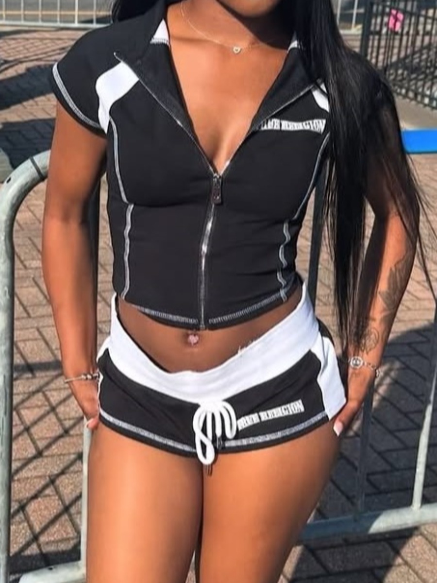 LW Street Polyester Mock Neck Zipper Design Color Contrast Short Sleeve Two-piece Shorts Set