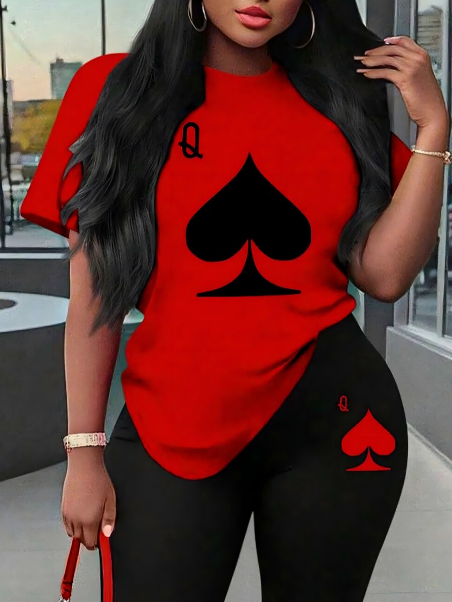 LW Casual Polyester Round Neck Pattern Letter Geometric Short Sleeve Two-piece Shorts Set