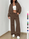 LW Casual Hooded Collar Zipper Design Solid Color Long Sleeve Two-piece Pants Set