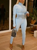 LW BASICS Casual Polyester Mandarin Collar Zipper Design Striped Solid Color Long Sleeve Two-piece Pants Set