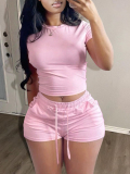 LW BASICS Casual Polyester Sweat Round Neck Solid Color Short Sleeve Two-piece Shorts Set