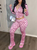 LW BASICS Casual Milk Fiber Hooded Collar Pattern Leopard Long Sleeve Two-piece Pants Set