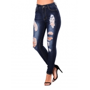Trendy High Waist Broken Holes Dark Blue Denim Pan
